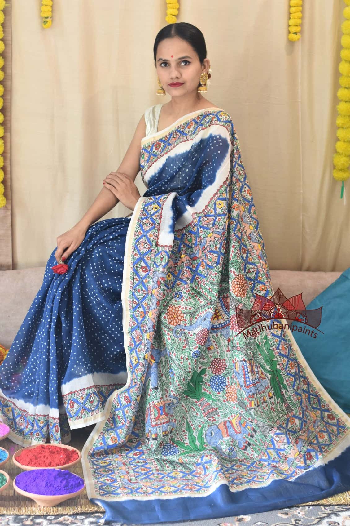Neeli Vrindavan Bandhej Hand Painted Saree — image 2 of 7