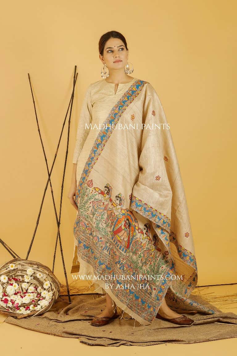 Mithila Doli Madhubani Handpainted Pure Handwoven Tussar Silk Dupatta — image 4 of 4