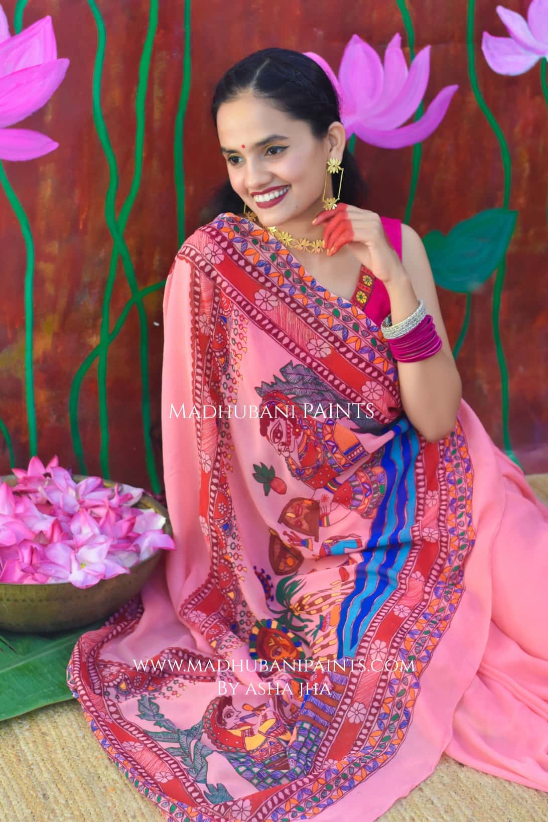 POOJA VIBHUTI Chhath Puja Handpainted Madhubani Georgette Saree — image 6 of 7