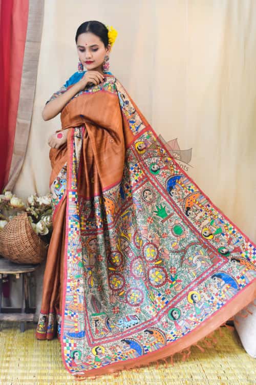 'KOHBAR' Handpainted Madhubani Rust Orange Tussar Silk Saree — image 3 of 5
