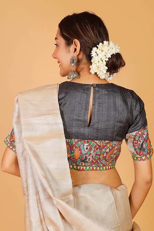 'Surmai Shankh' Handpainted Madhubani Tussar Silk Blouse — image 5 of 7