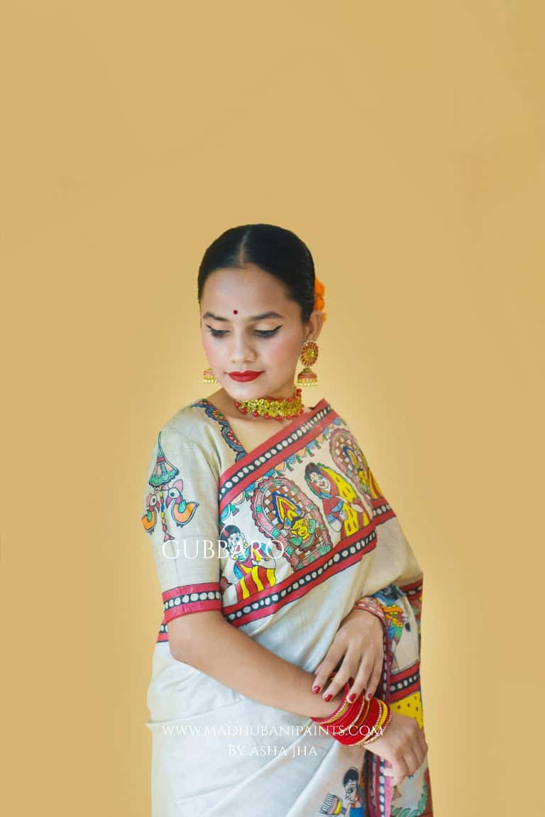 'SHAKTI' Handpainted Madhubani Tussar Silk Saree — image 4 of 10