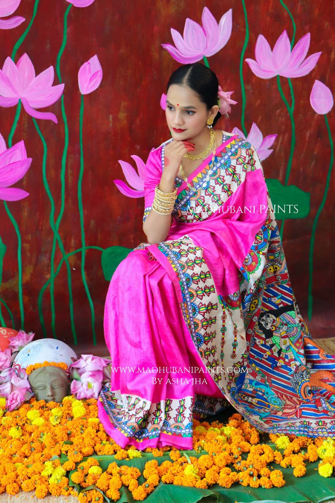 'PADMANABHA SAHODARI' Handpainted Madhubani Tussar Silk Saree — image 6 of 9
