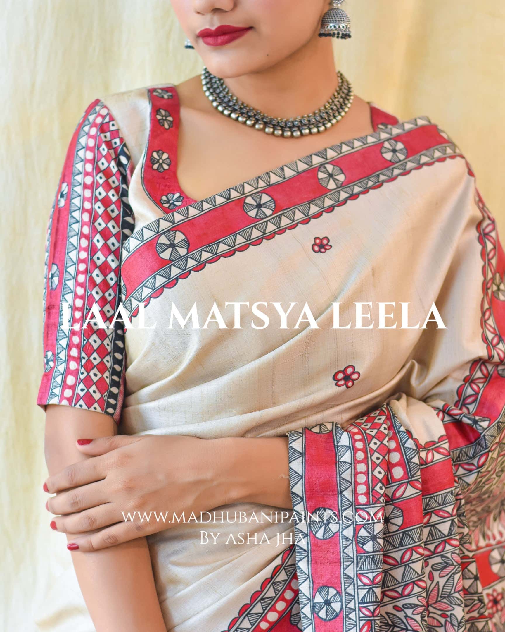 'LAAL MATSYA LEELA'  Handpainted Madhubani Tussar Silk Blouse — image 9 of 11
