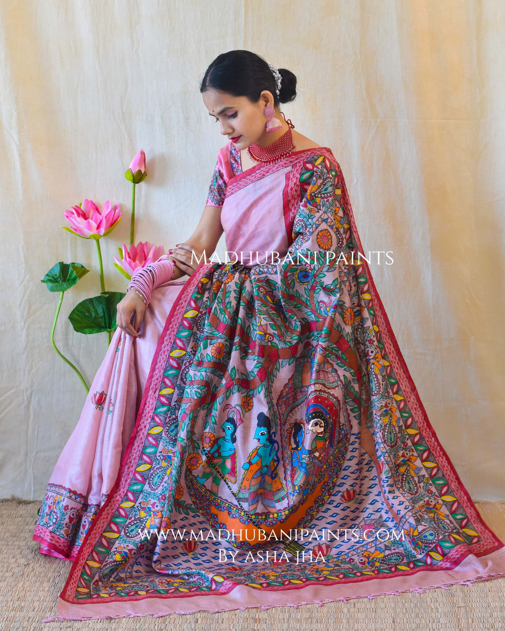 'KEVAT PREM'  Handpainted Madhubani Tussar Silk Saree Blouse Set — image 2 of 12
