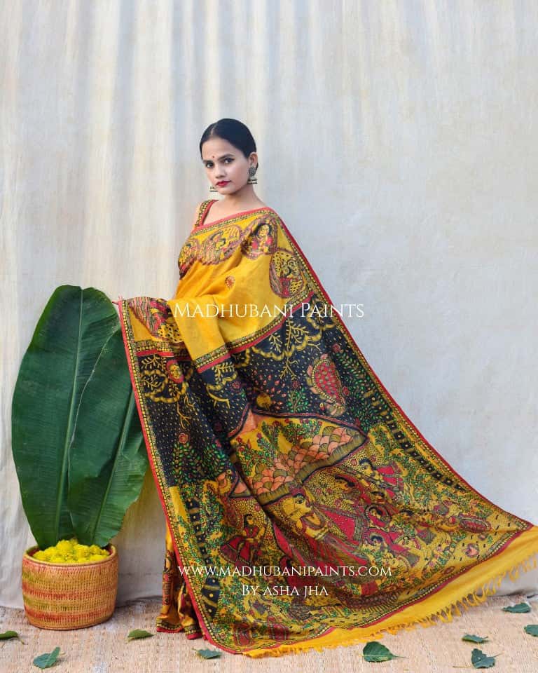 'GOVARDHAN' Handpainted Madhubani Tussar Silk Saree — image 7 of 9