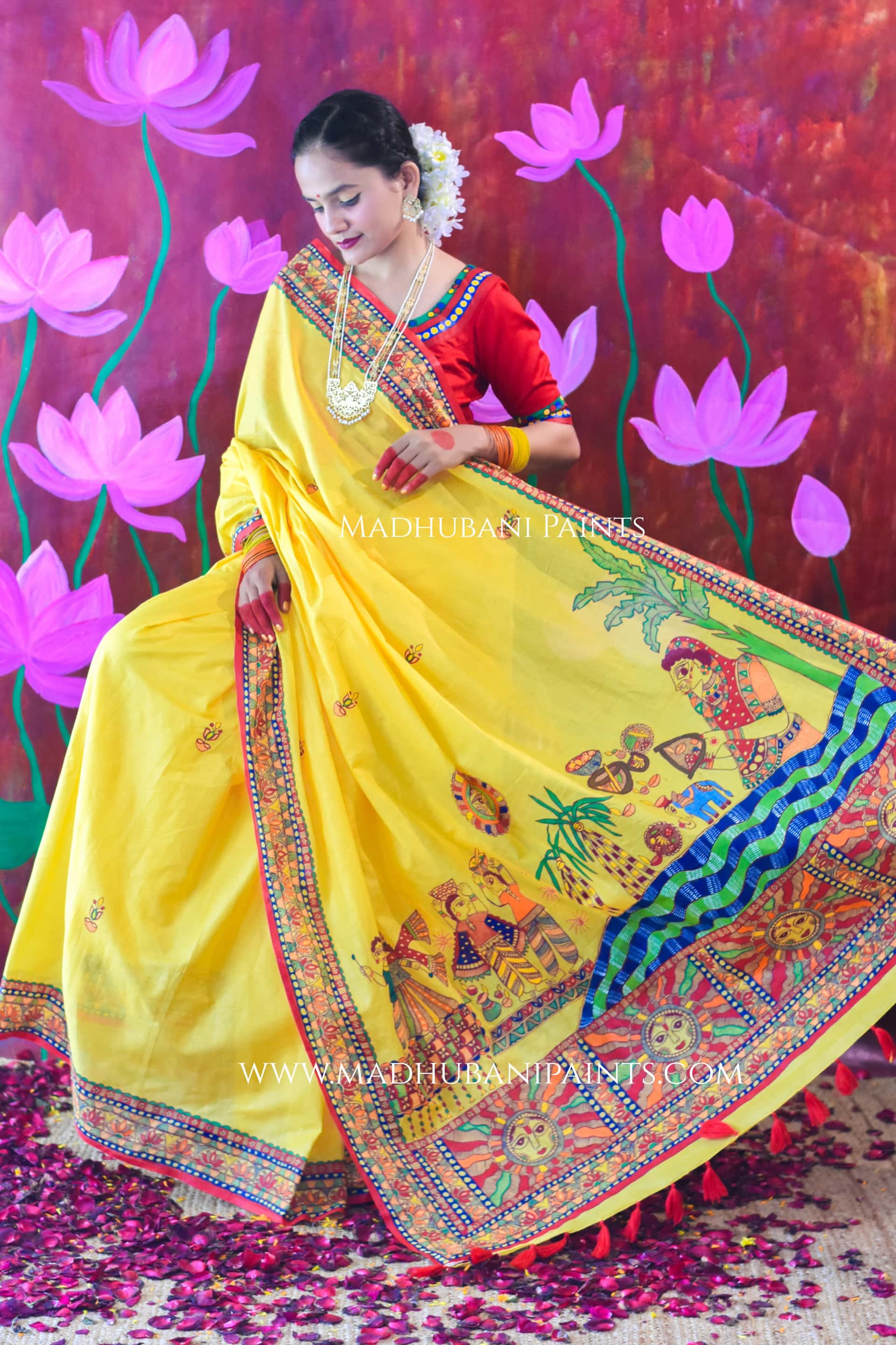 Surya Kiran Chhath Puja Hand painted Madhubani Cotton Saree