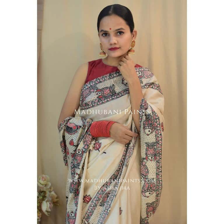 'MATSYA AVATAR' Handpainted Madhubani Tussar Silk Saree — image 9 of 12