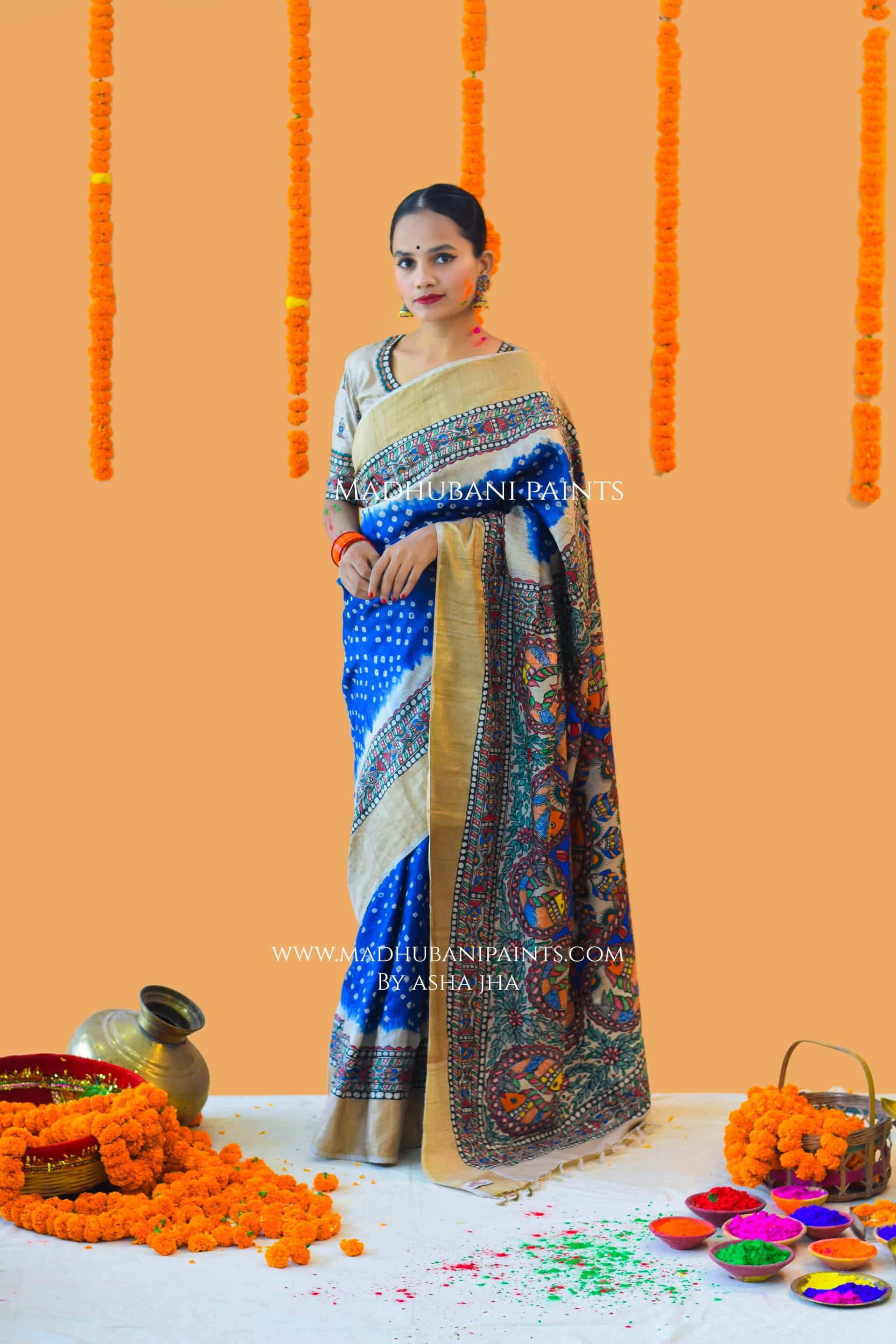 MATSYANGANA Hand-painted Bandhini Madhubani Tussar Silk Saree — image 4 of 6