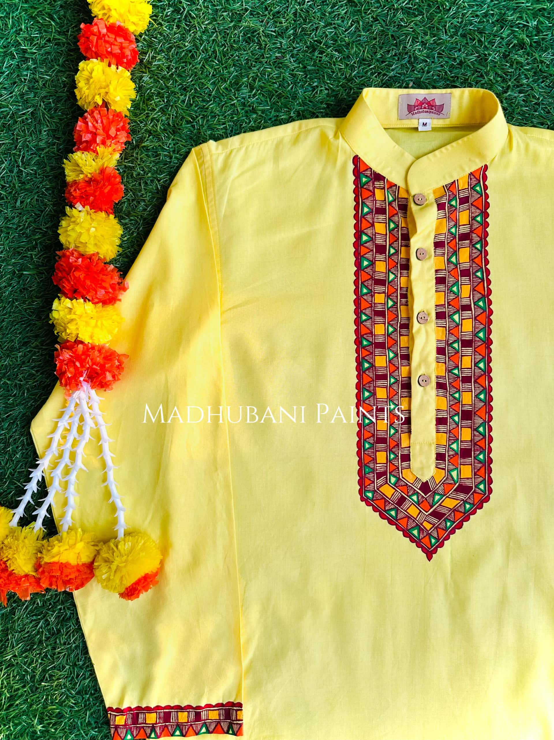 Yellow Chhath Puja Hand-painted  Madhubani Men's Cotton Kurta — image 3 of 8