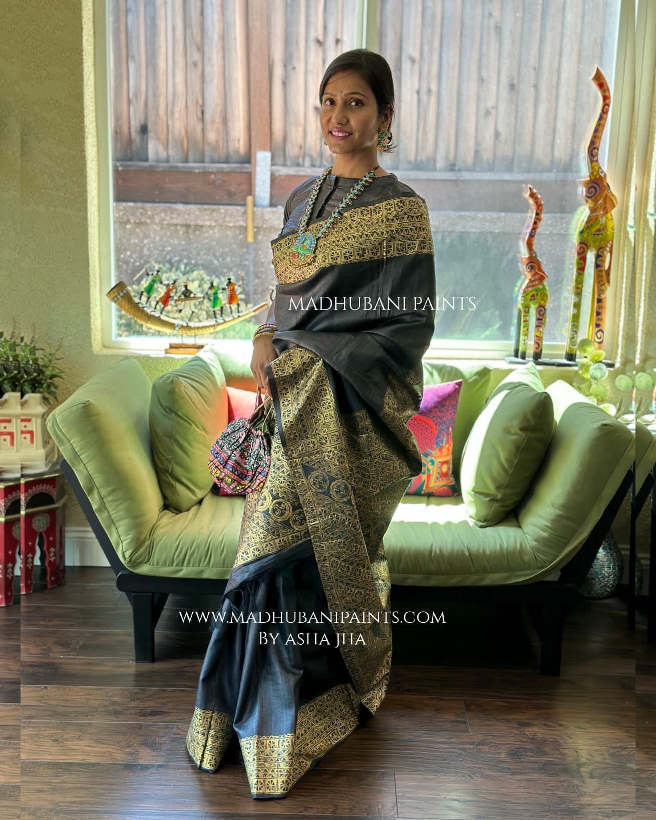 RADHA KRISHNA NRITYA Hand-painted Madhubani Tussar Silk Saree — image 8 of 9
