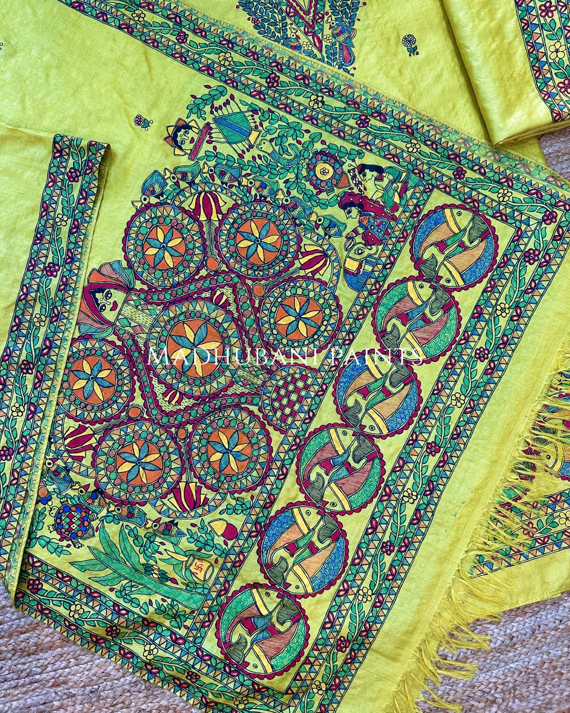 Kohbar Mayur Macchli Handpainted Unstitched Tussar Silk Kurta Pant Dupatta Set — image 2 of 4