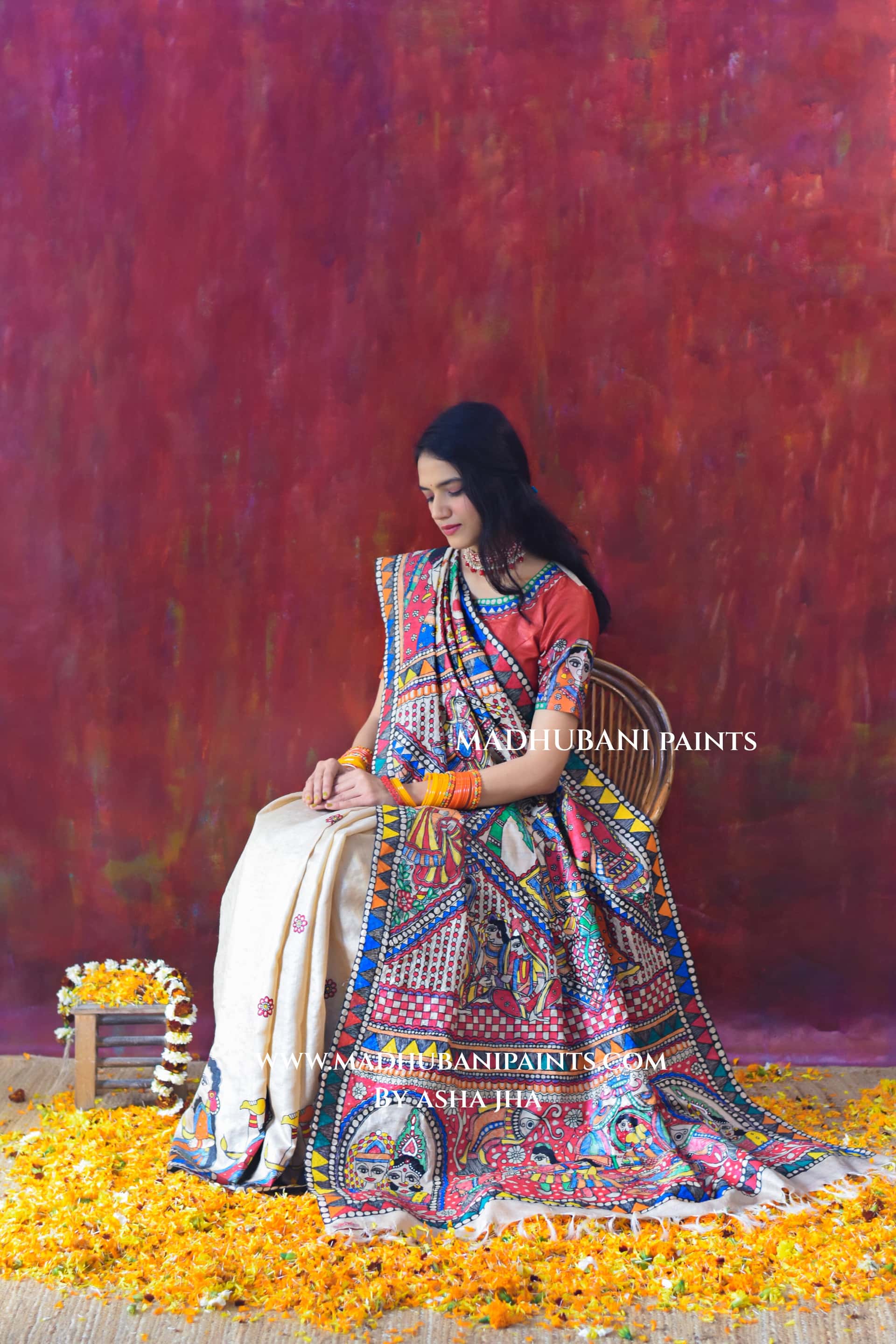 Bengali Vivah Hand-painted Madhubani Tussar Silk Saree Blouse Set — image 4 of 7