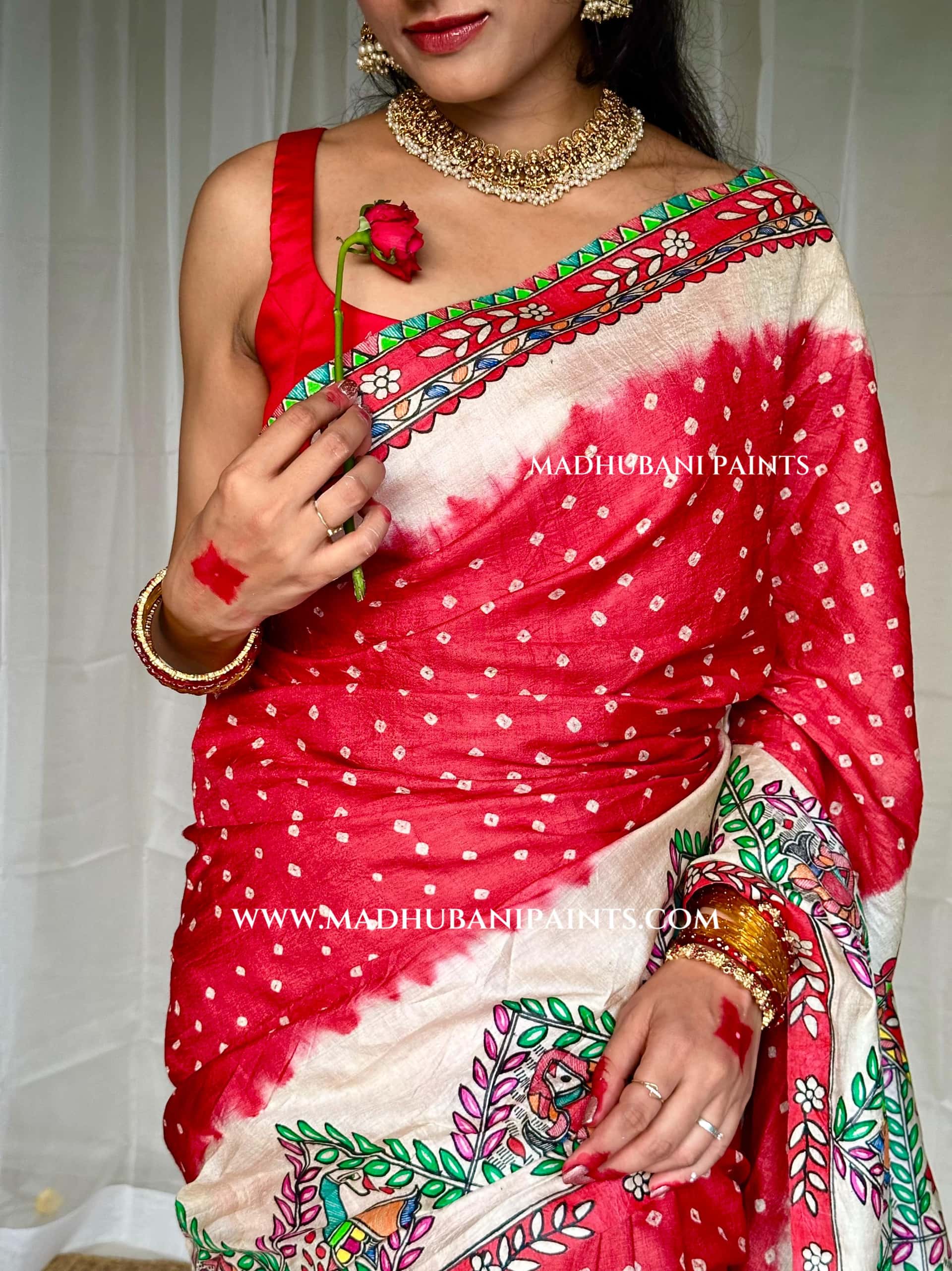 GULAB Handpainted Tussar Silk Bandhini Madhubani Saree — image 8 of 10