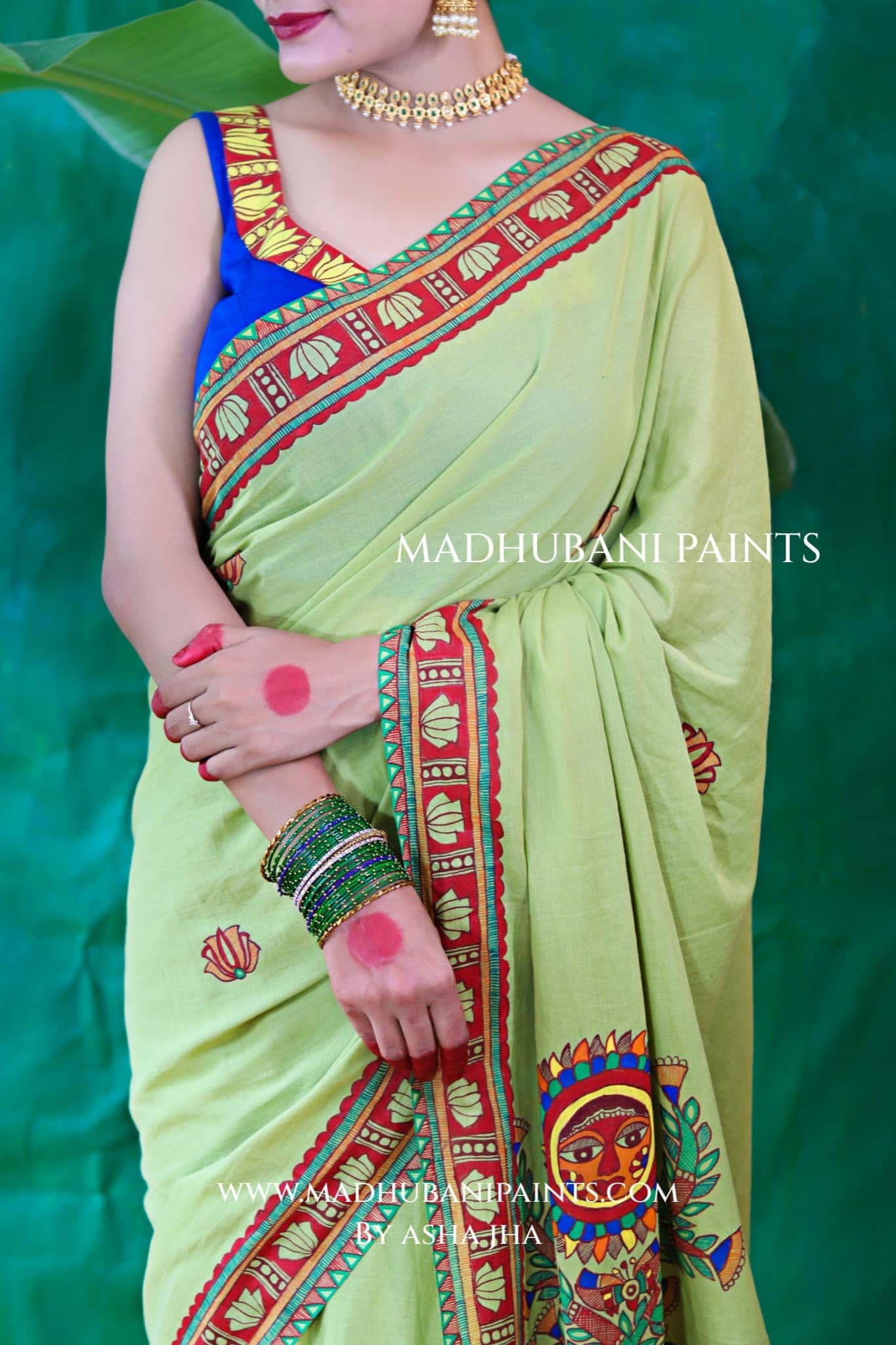 BHAKTI BHAVA Chhath Puja Hand painted Madhubani Cotton Saree — image 8 of 13