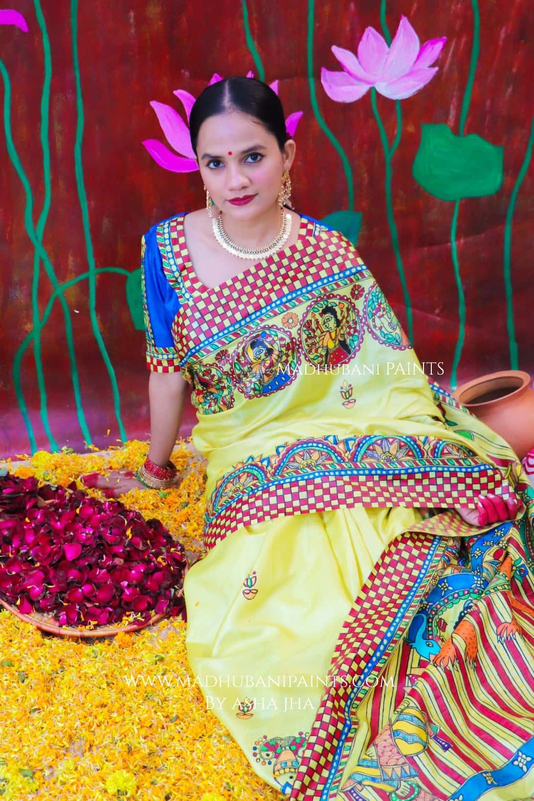 "KAMAKSHI" Handpainted Madhubani Tussar Silk saree blouse set — image 3 of 12