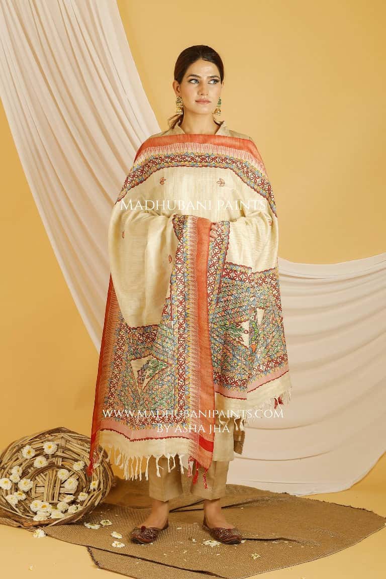 Mithila Border Madhubani Handpainted Pure Handloom Cotton Dupatta — image 2 of 5