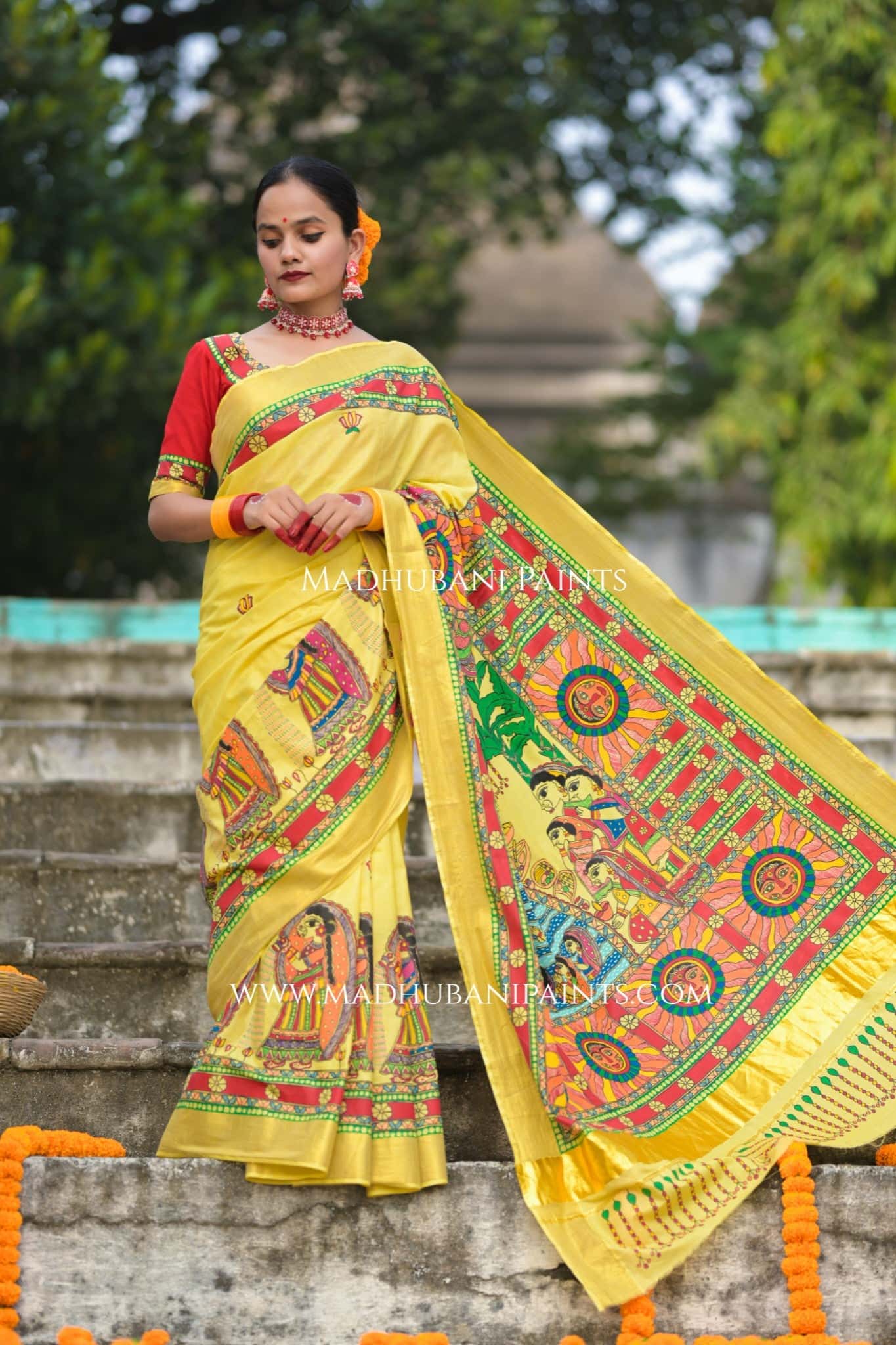 Surya Shalini Chhath Puja Handpainted Madhubani Cotton Saree — image 3 of 13