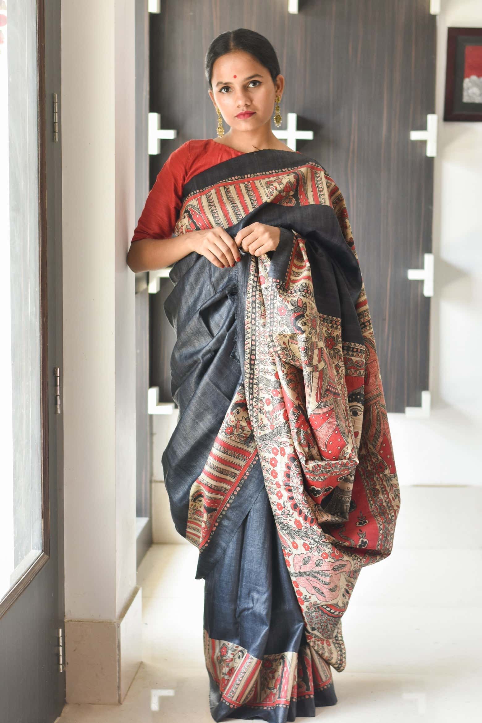 Maa Durga Tussar Madhubani Black Handpainted Saree — image 4 of 4