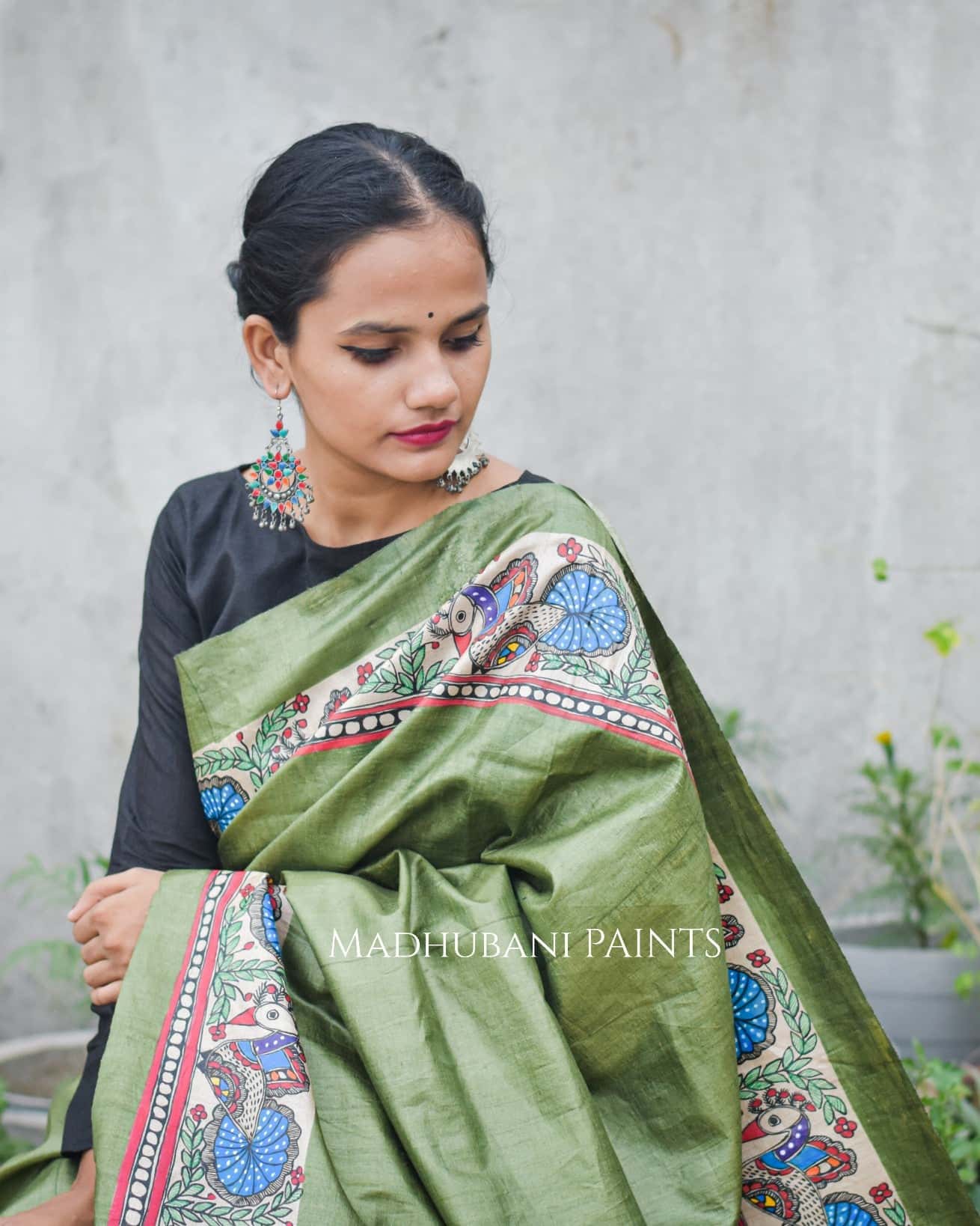 Krishna Baarish Madhubani Hand-painted Saree — image 2 of 3