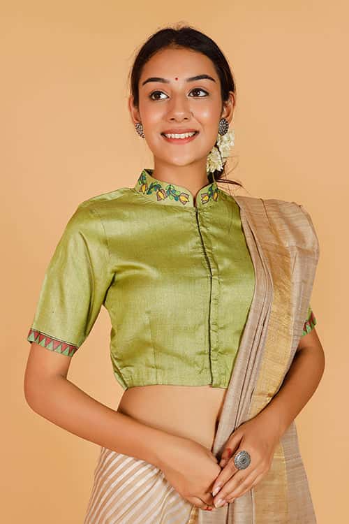 'Mithila Mayuri' Handpainted Madhubani Tussar Silk Blouse — image 2 of 6