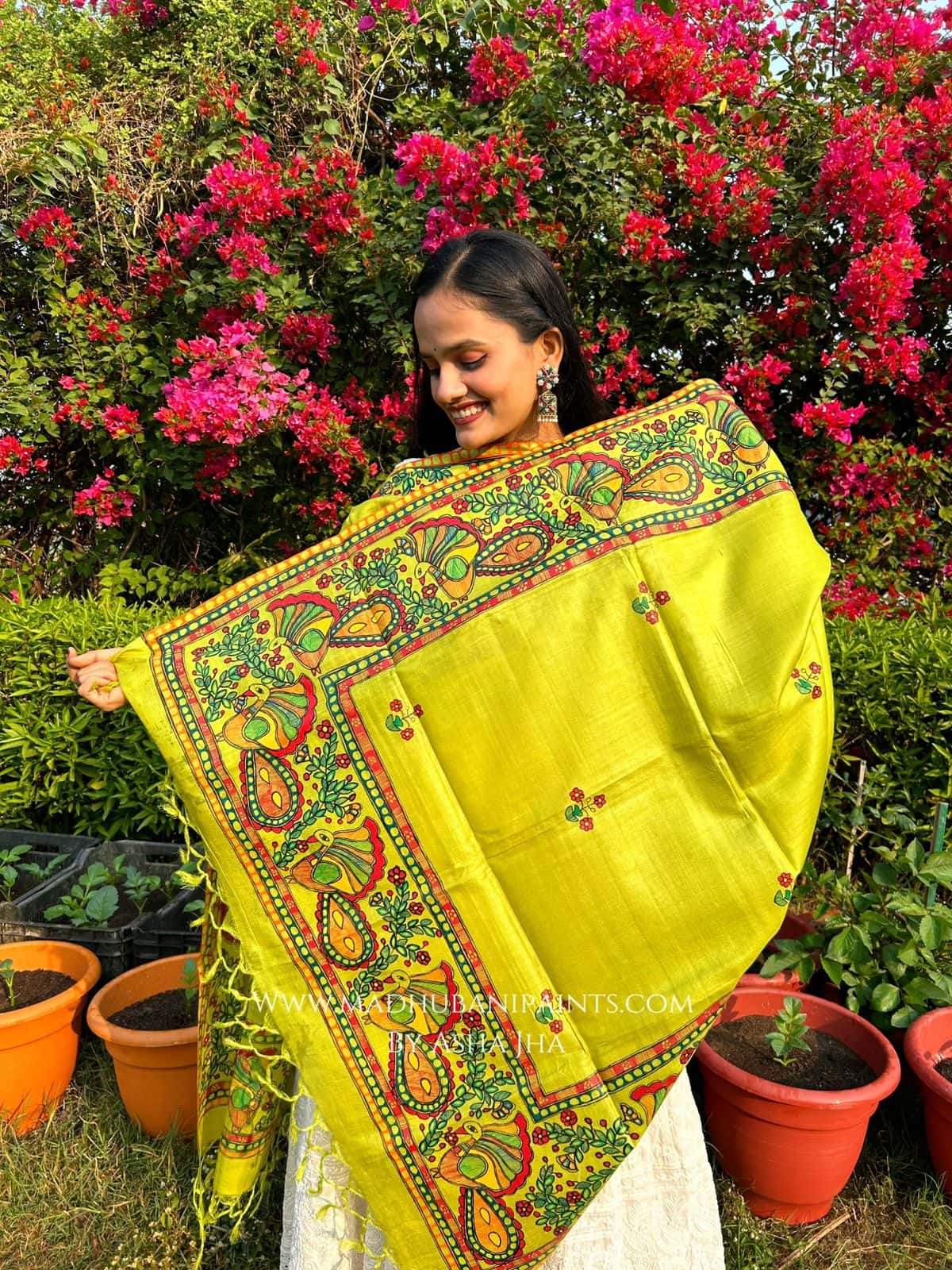 'MADHURAM MAYURI' Handpainted Madhubani Tussar Silk Dupatta — image 2 of 4