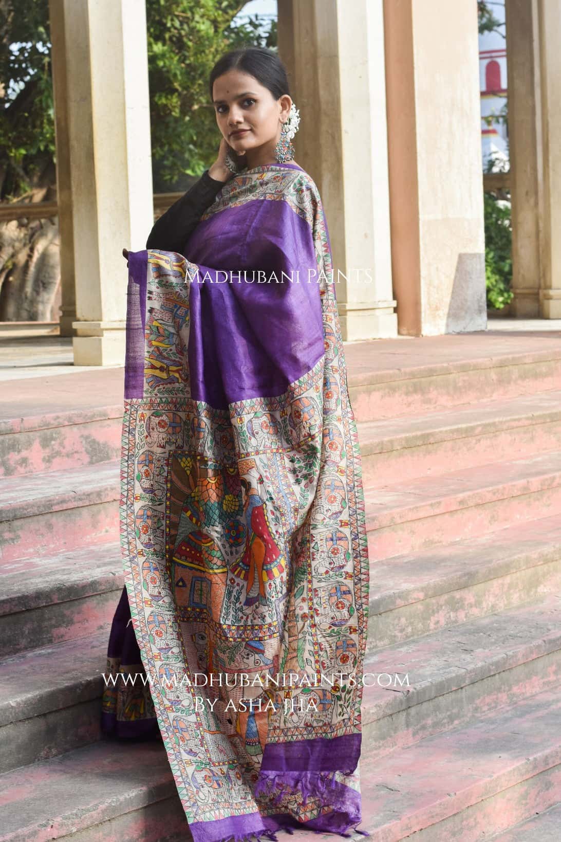 Gaon Ghaar Madhubani Hand-painted Tussar Silk Saree — image 6 of 7