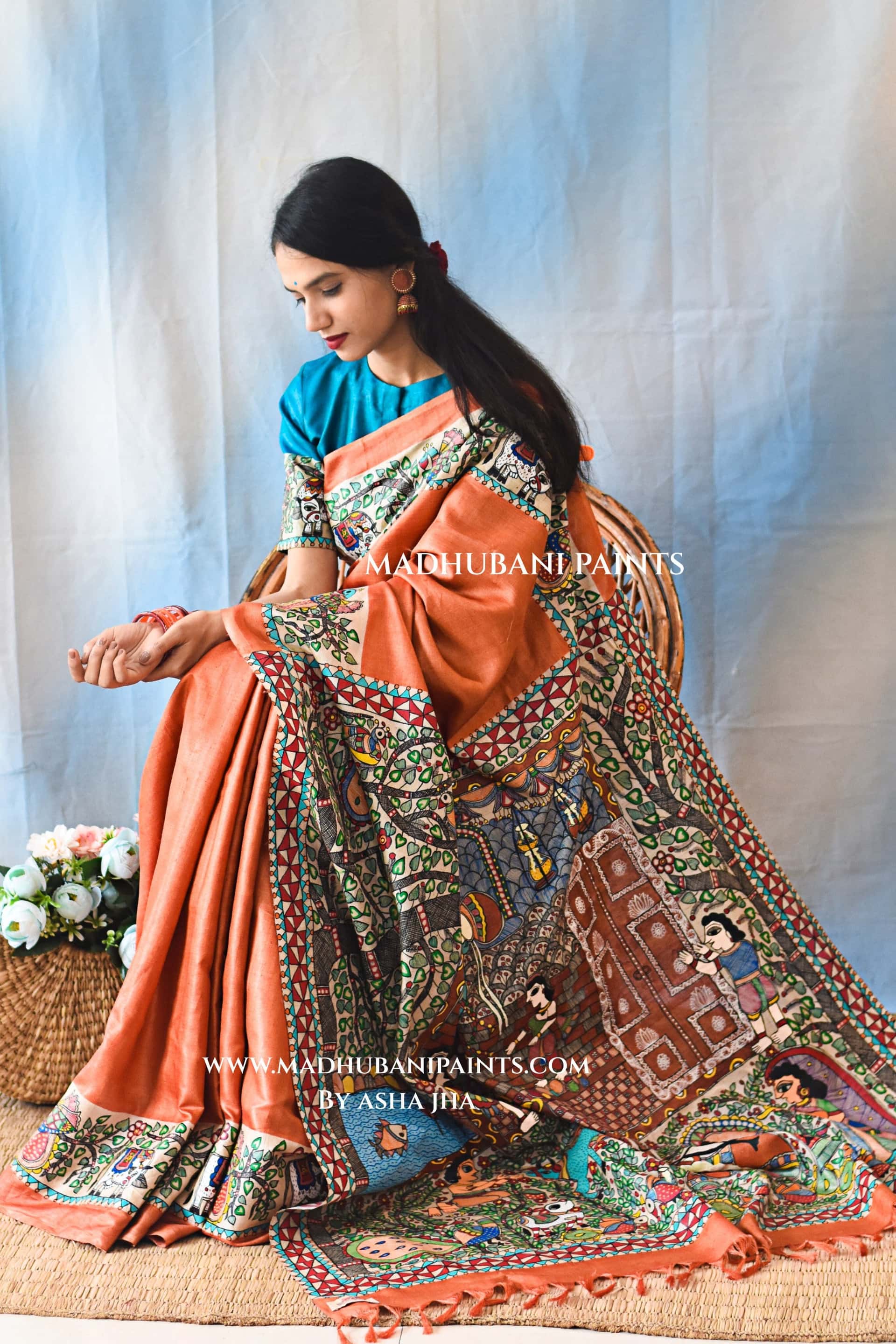 KANHA KI MAAKHAN LEELA Handpainted Madhubani Tussar Silk Saree Blouse Set — image 2 of 10