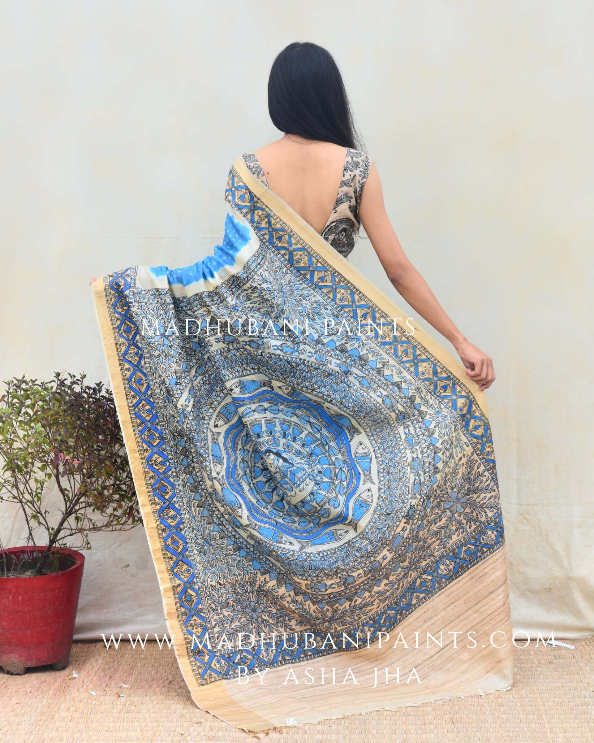 'AASMANI' Madhubani Hand-painted Bandhani Tussar Silk Saree — image 3 of 7