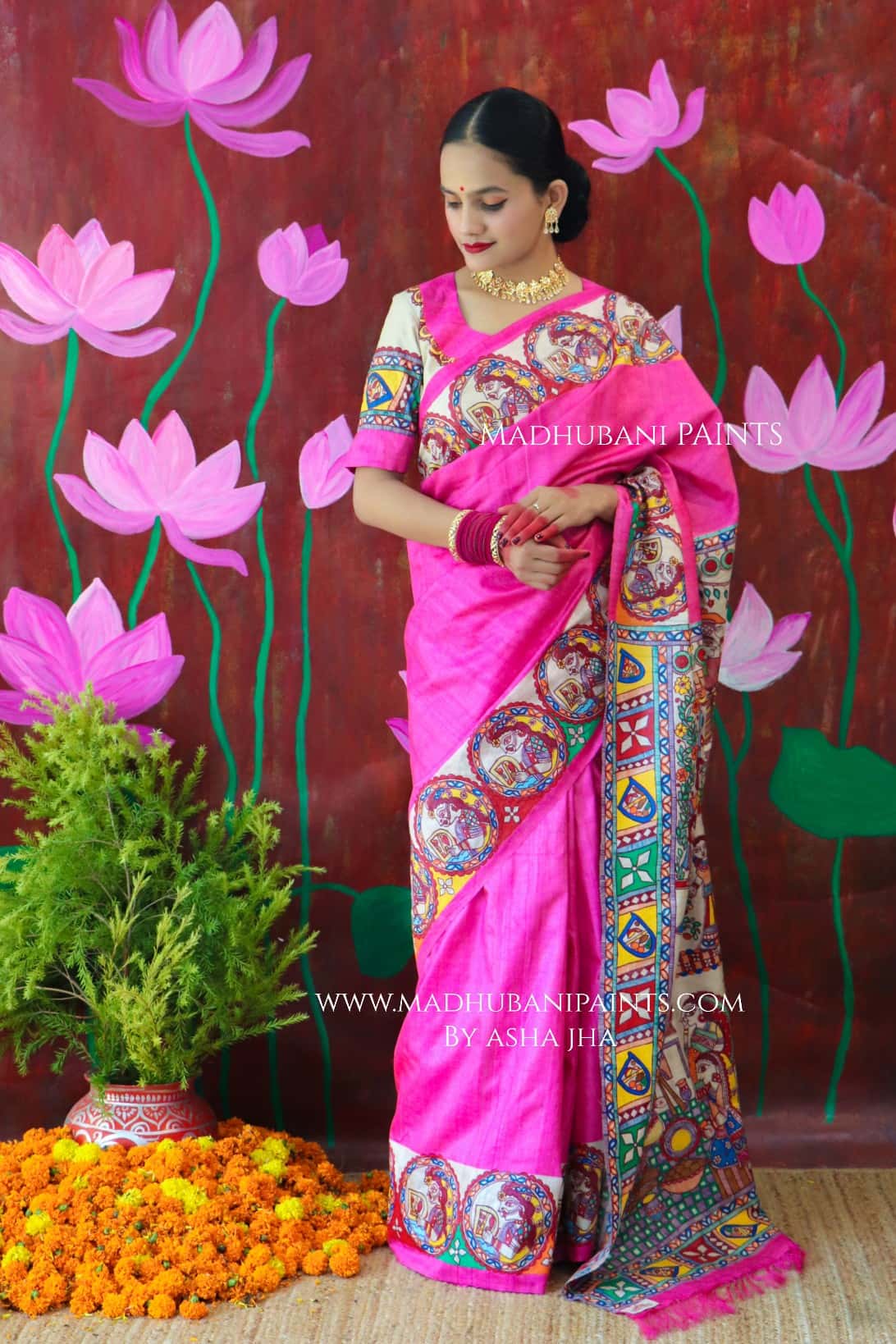 CHHATH MAHAPARV Handpainted Madhubani Tussar Silk Saree Blouse Set — image 8 of 11