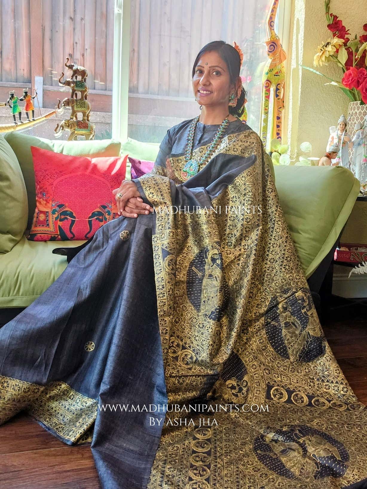 RADHA KRISHNA NRITYA Hand-painted Madhubani Tussar Silk Saree — image 6 of 9