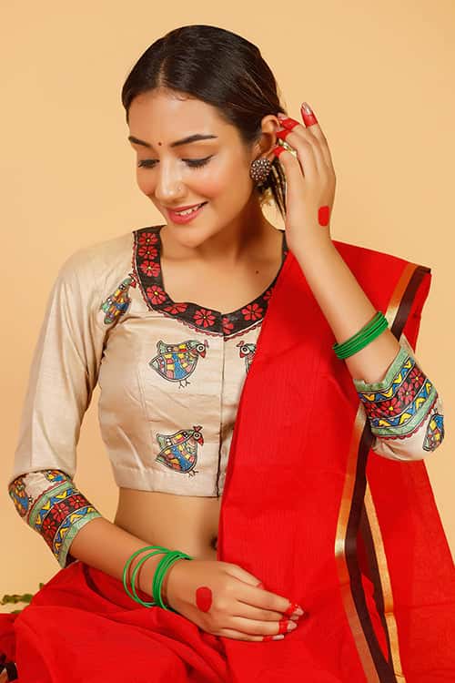 'Tripura' Handpainted Madhubani Tussar Silk Blouse — image 4 of 7