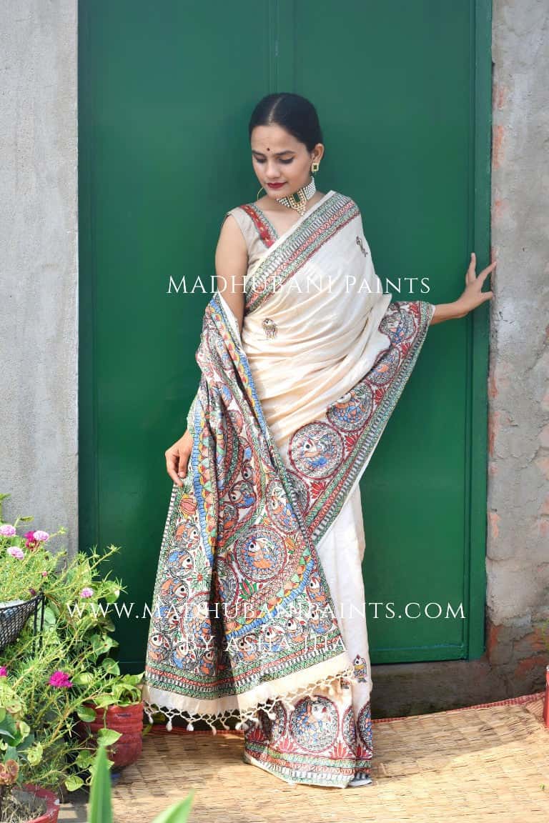 'MATSYA KACHNI' Handpainted Madhubani Tussar Silk Saree — image 5 of 8