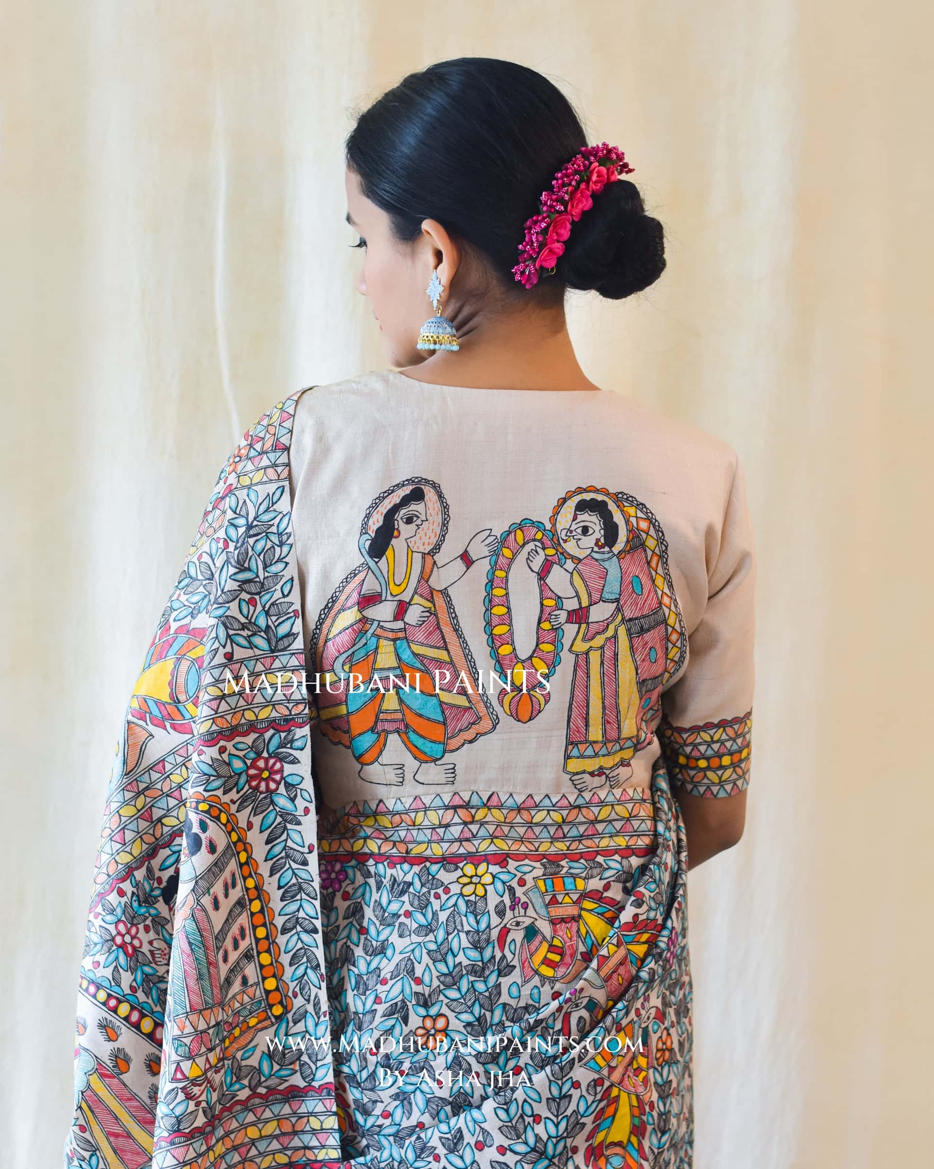 NEEL RAMAYAN Half Work Hand-painted Madhubani Tussar Silk Saree Blouse Set — image 3 of 10