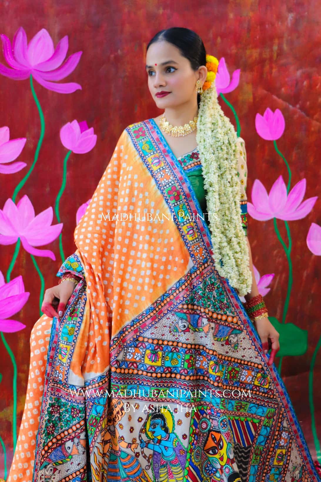"BHARAT KA DUSSEHRA" Handpainted Madhubani Bandhini Tussar Silk Saree — image 3 of 8
