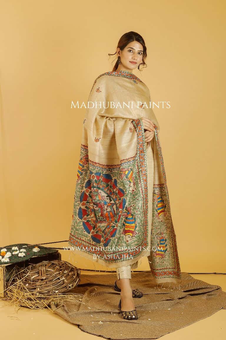 Gauna Doli Madhubani Handpainted Pure Handwoven Tussar Silk Dupatta — image 3 of 3