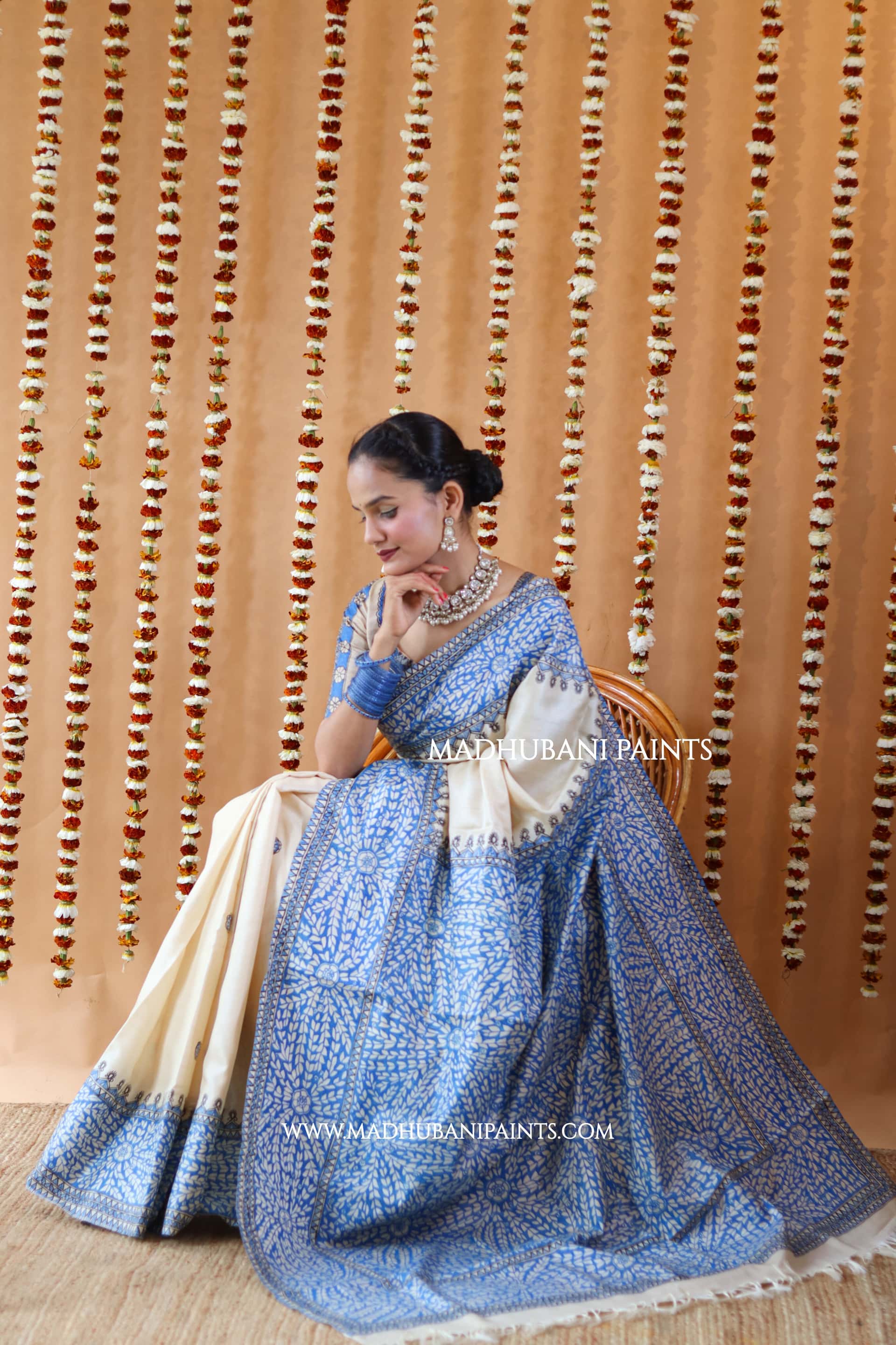 Blue Patta Handpainted Tussar Silk Saree — image 4 of 10