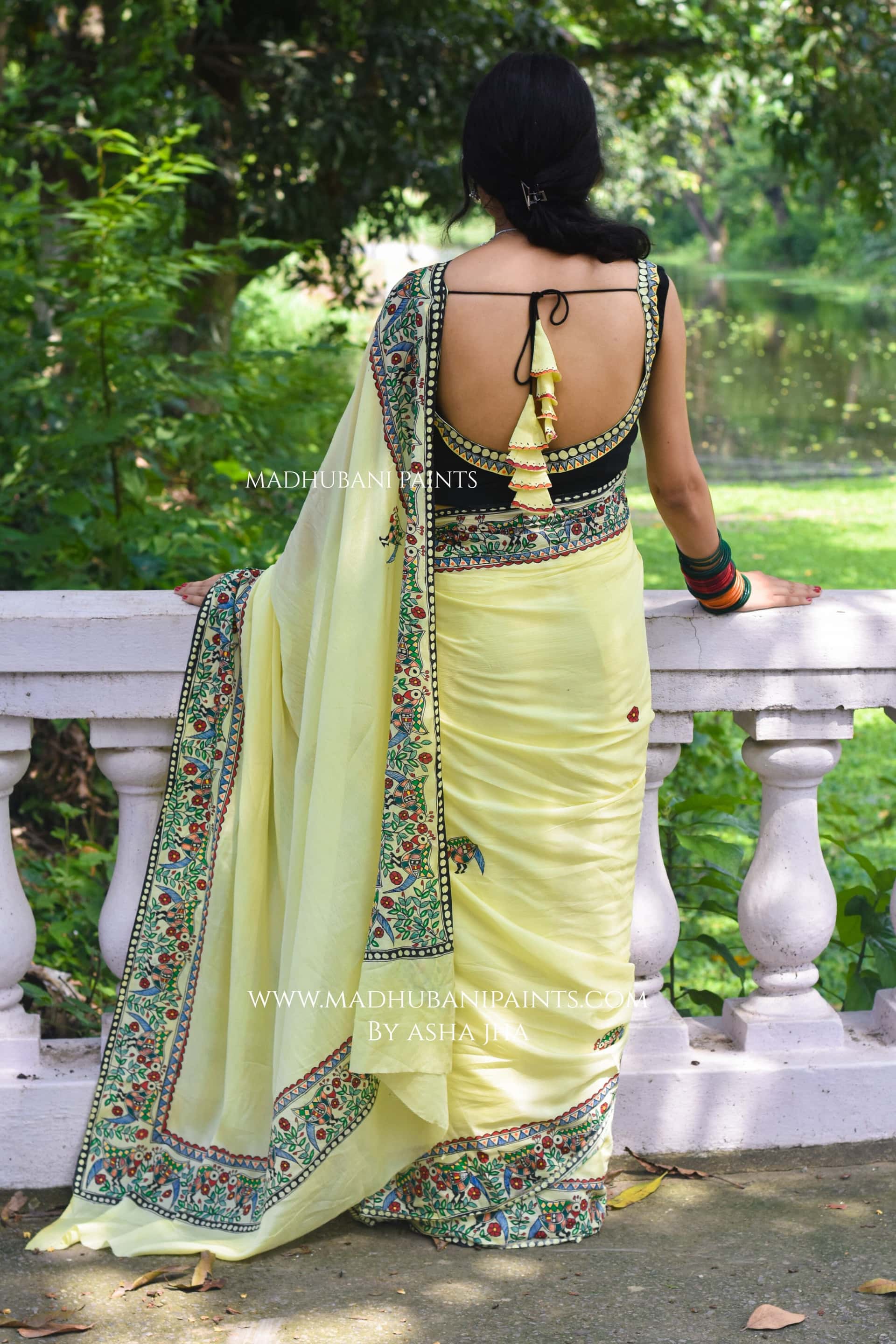 Sunehri Mayuri Hand-painted Madhubani Chiffon Saree Blouse Set — image 11 of 17