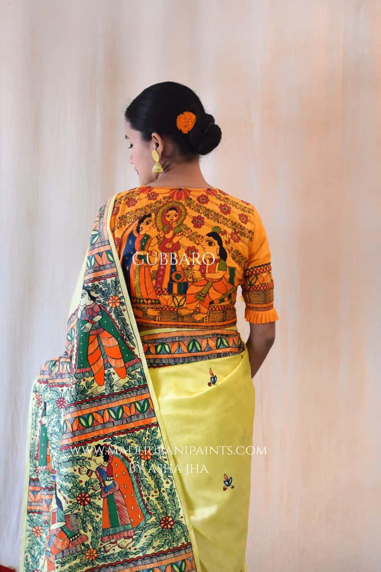 'SHAADI VIDDHI' Handpainted Madhubani Bishnupuri Silk Saree Blouse Set — image 8 of 12