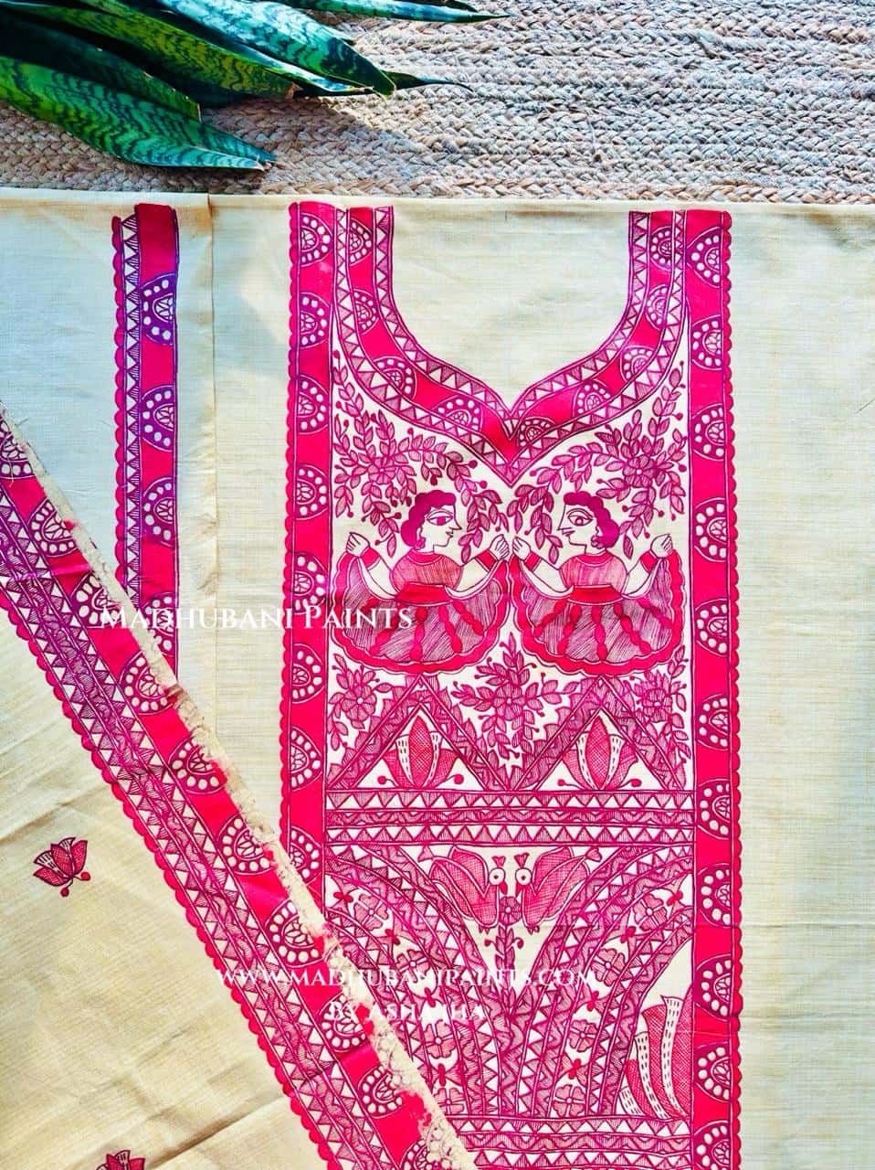 Laal Gudiya Hand-painted Madhubani Painting Cotton Unstitched Kurta Pant Dupatta Set — image 2 of 3
