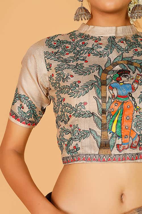 'Radha's stroll' Handpainted Madhubani Tussar Silk Blouse — image 3 of 7