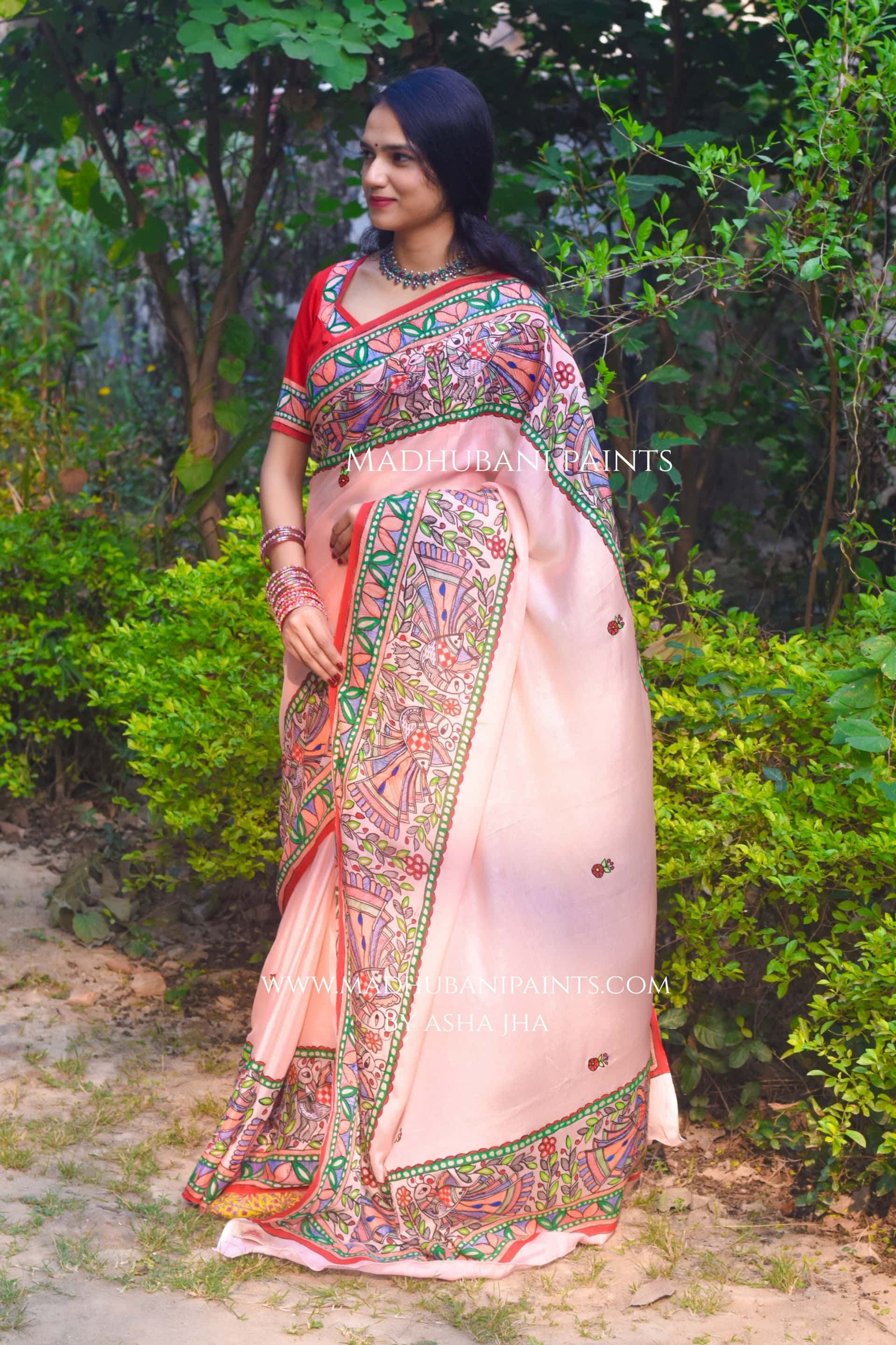 Gulabi Mor Hand-painted Madhubani Chiffon Saree — image 2 of 7
