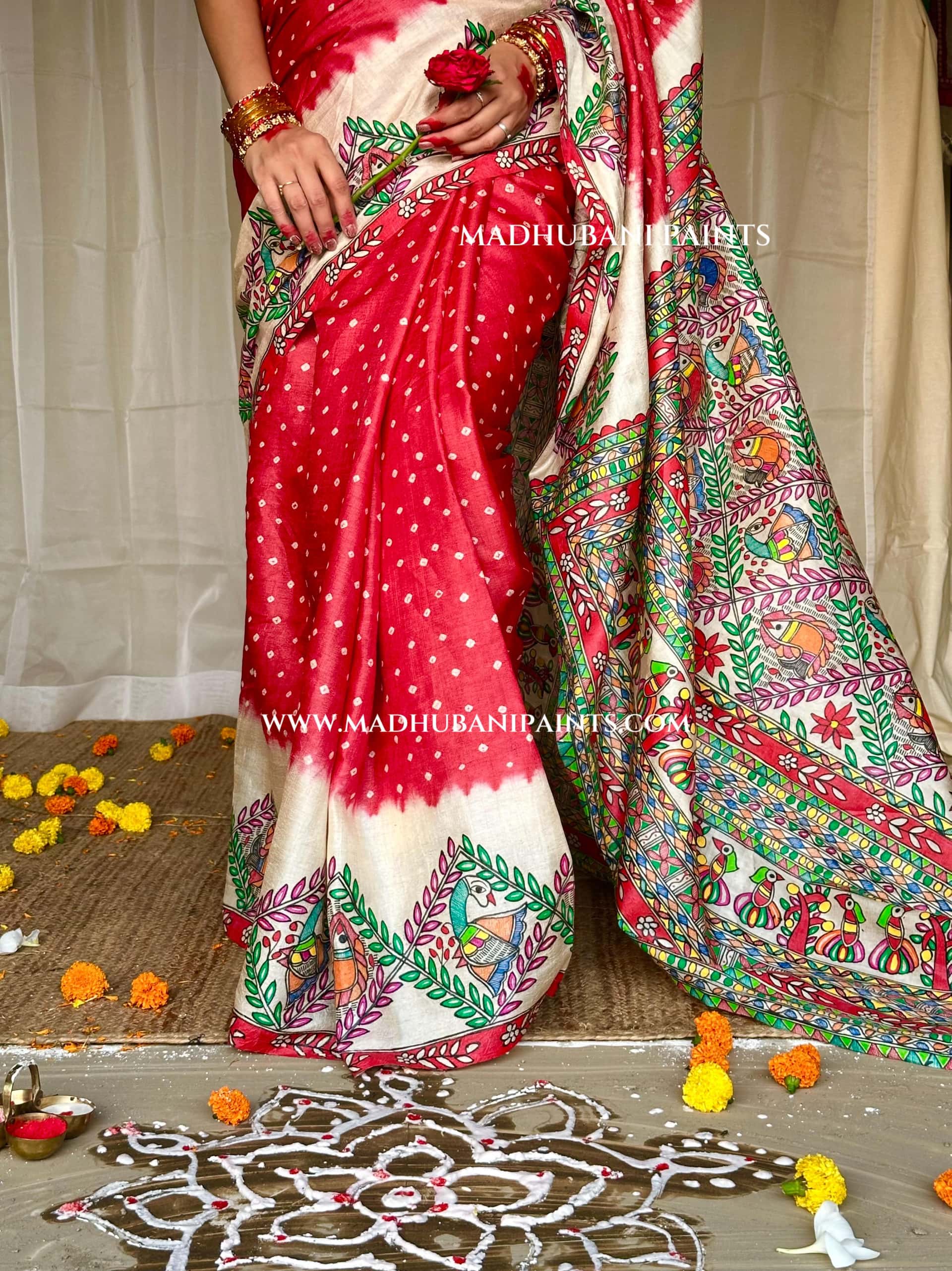 GULAB Handpainted Tussar Silk Bandhini Madhubani Saree — image 10 of 10
