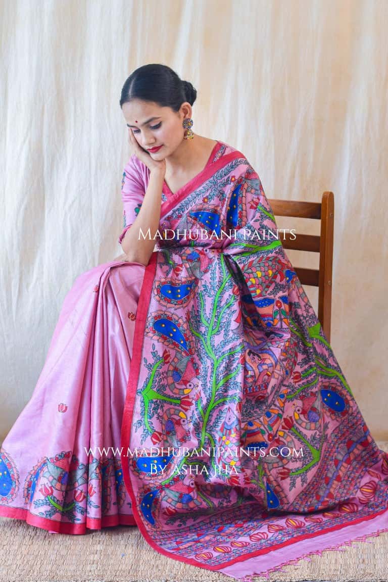GULABI MAYURI DOLI Madhubani Painting Saree Blouse set