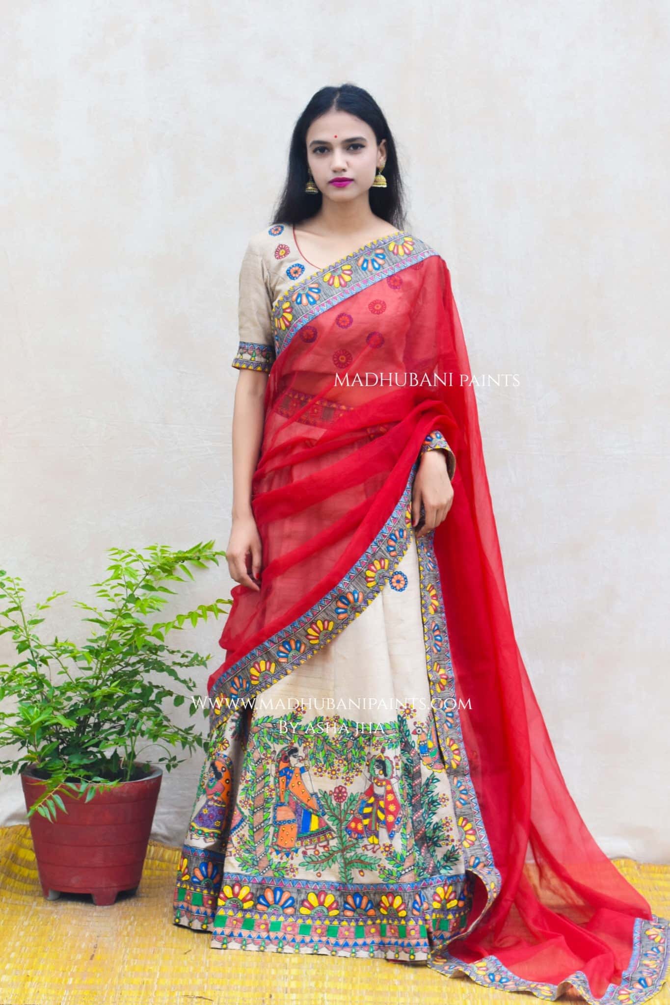 RADHA KRISHNA SANGEET Hand-painted Madhubani Lehnga — image 10 of 11