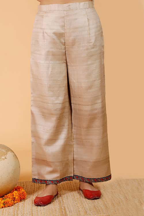 'Surmai & The Lotus' Handpainted Madhubani Tussar Silk Pant — image 2 of 3