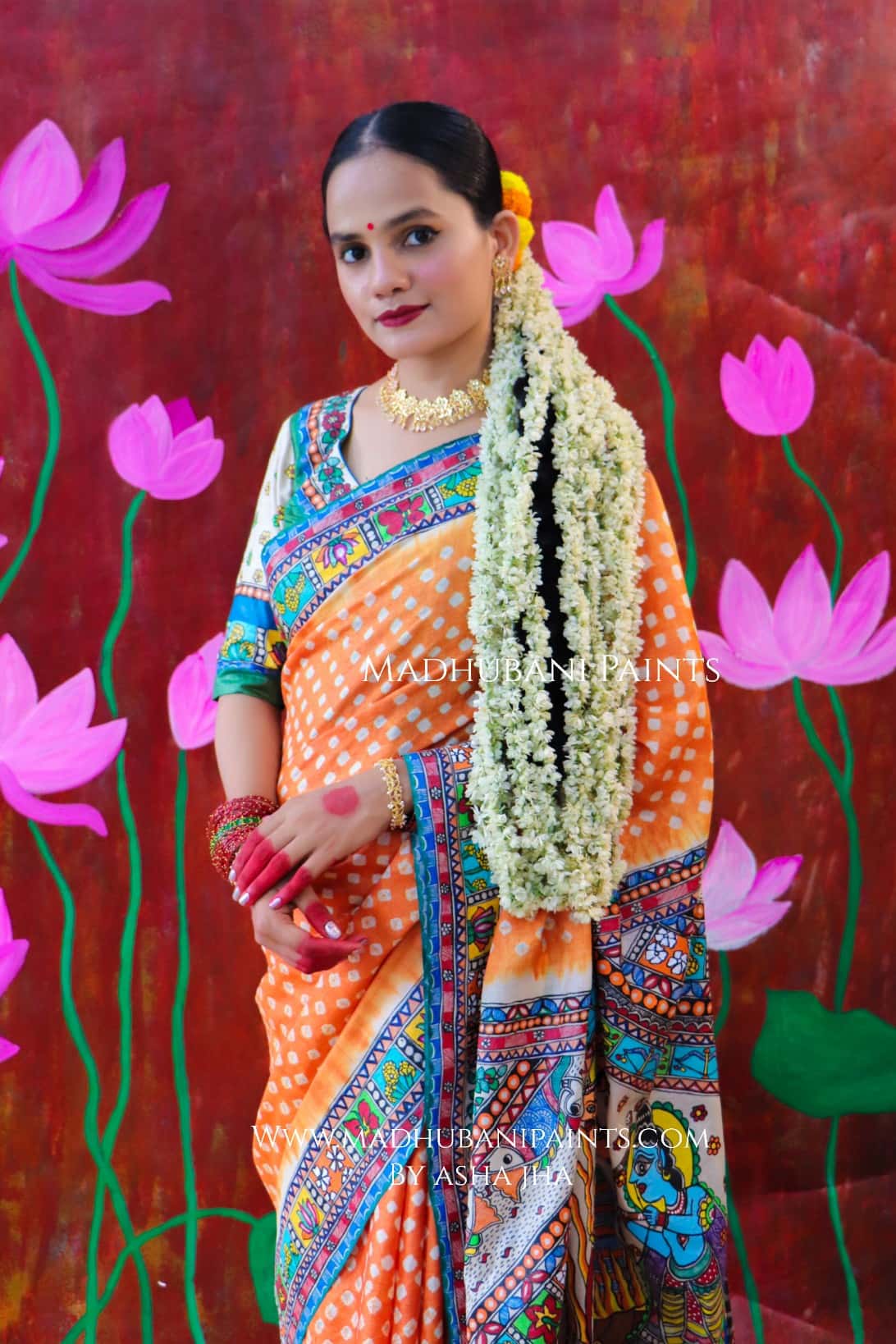 "BHARAT KA DUSSEHRA" Handpainted Madhubani Bandhini Tussar Silk Saree — image 6 of 8