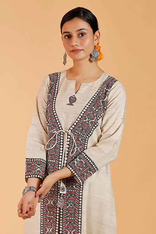'Surmai Kachni Angrakha' Handpainted Madhubani Cotton Kurta — image 5 of 7