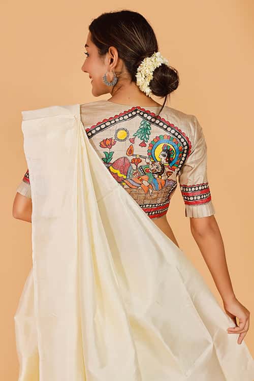 'Nandgopal Radha' Handpainted Madhubani Tussar Silk Blouse — image 4 of 7