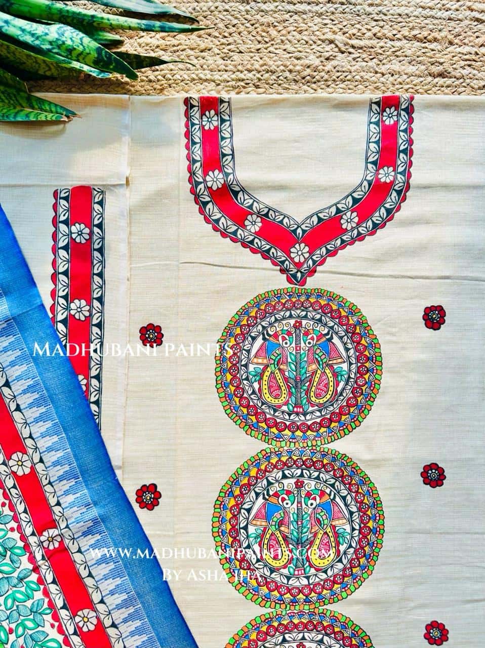 Sunehri Mayuri Hand-painted Madhubani Painting Cotton Unstitched Kurta Pant Dupatta Set — image 3 of 3